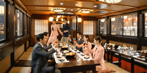 屋形舟にコンパニオン呼んで宴会